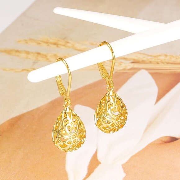 Women's14K Gold French Style Leverback lightweight Teardrop Dangle Drop Earring - Picture 7 of 7